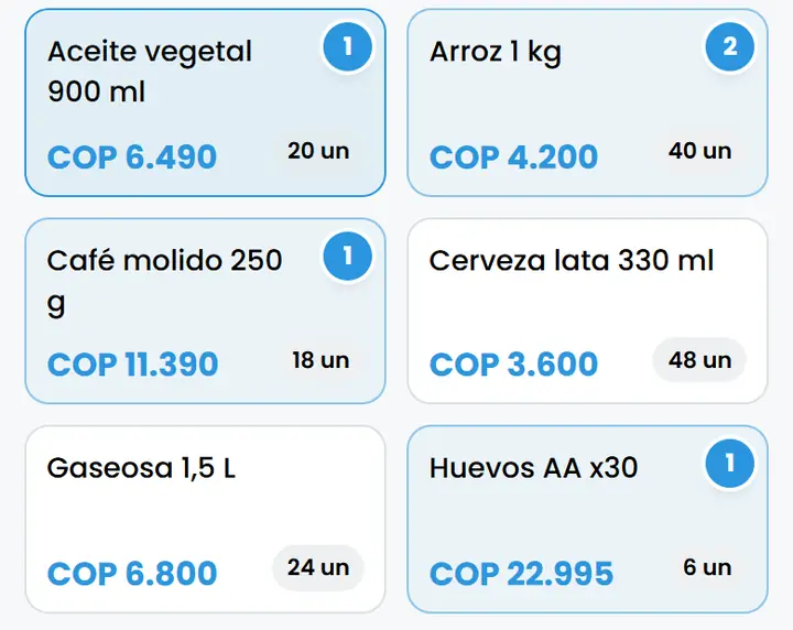 La caja de SoftPay en el celular, con los productos que ya están en el carrito marcados en azul
