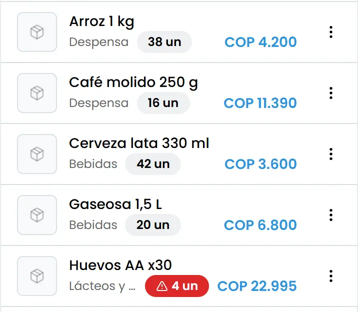 Lista del inventario en SoftPay con la categoría, las unidades y el precio de cada producto